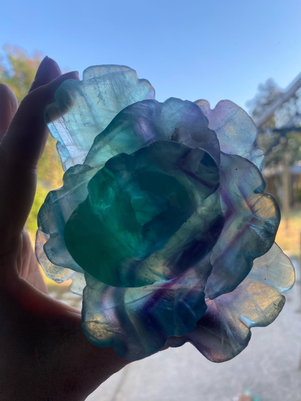 Artisan Carved Flower Sculpture in Green and Purple Fluorite - Picture 6 of 9